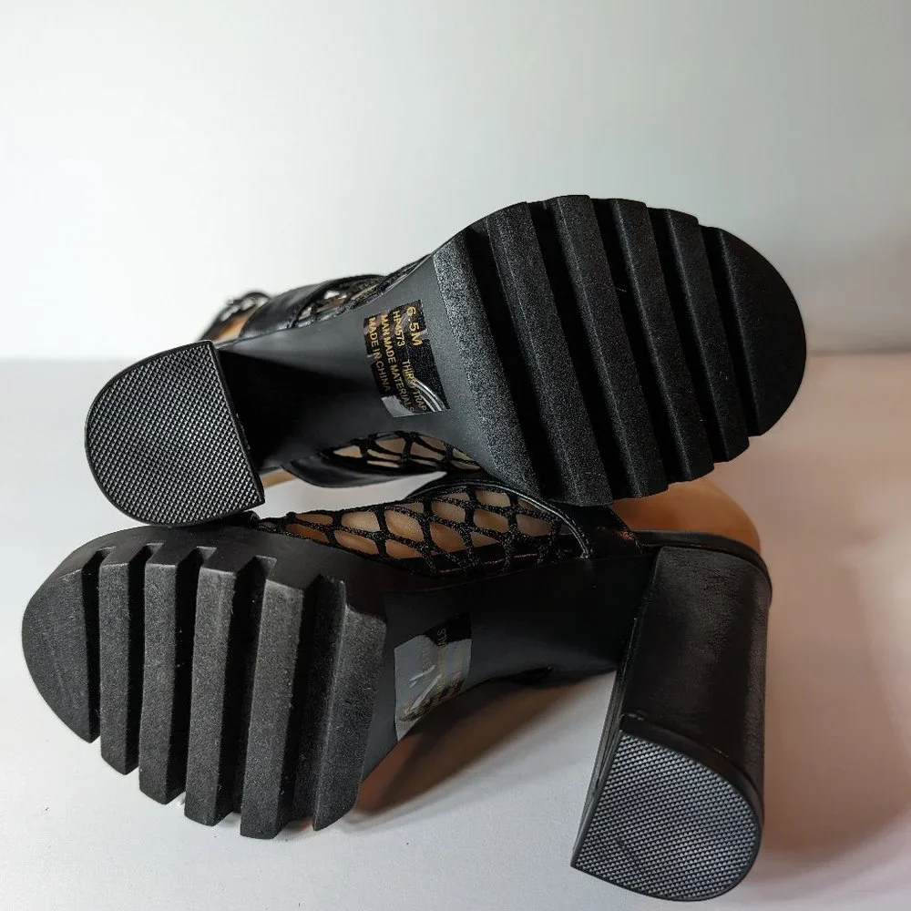 Cape Robbin Black Netted Strappy Chunky High Heels - Picture 13 of 13